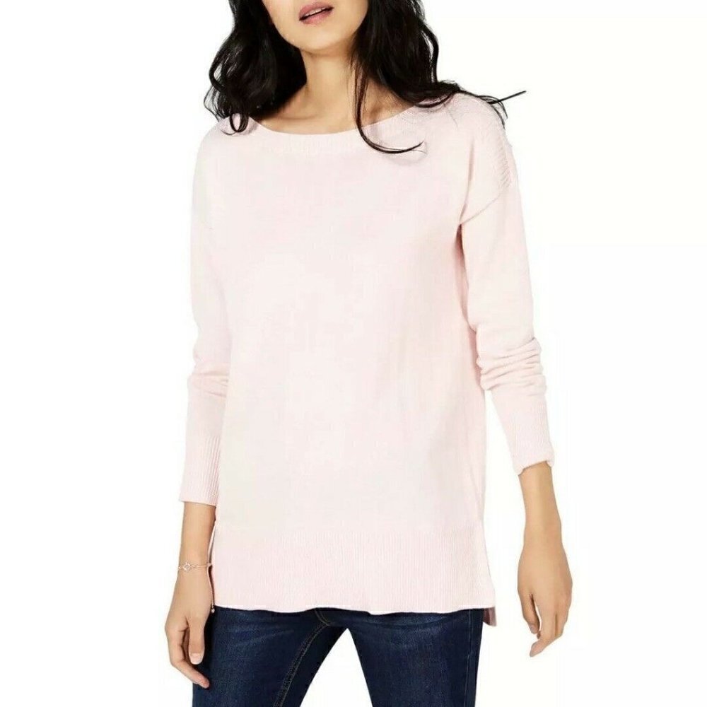Maison Jules Pink Ribbed Trim Slit Hem Sweater Large